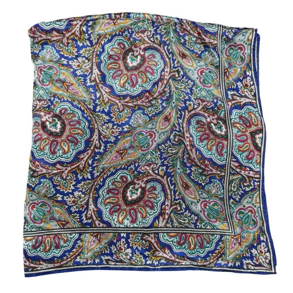 Vintage Club 7 Echo 100% Silk Scarf Blue Paisley Floral Square Multicolor